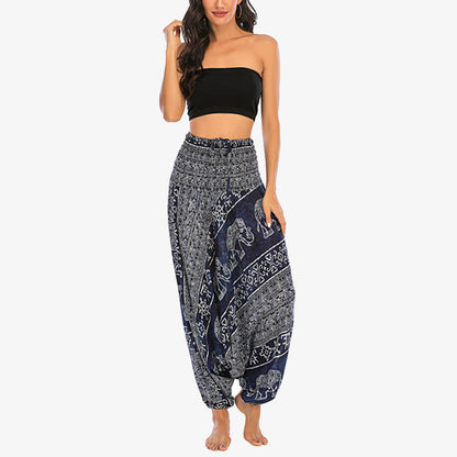 Mythstone Two Style Wear Elephant Pattern Loose Smocked Harem Trousers Jumpsuit Women's Yoga Pants