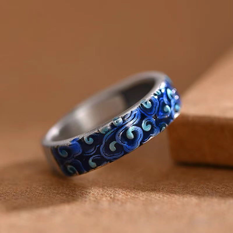 Mythstone Blue Auspicious Clouds Design Healing Copper Adjustable Ring