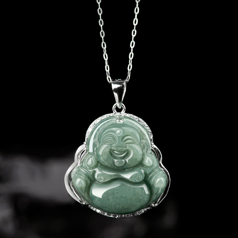 Mythstone 925 Sterling Silver Laughing Buddha Jade Abundance Necklace Chain Pendant