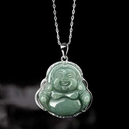 Mythstone 925 Sterling Silver Laughing Buddha Jade Abundance Necklace Chain Pendant