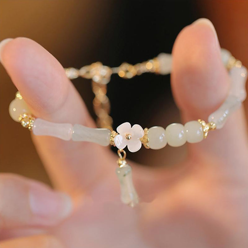 Mythstone 14K Gold Plated Natural Hetian Jade Flower Bamboo Pattern Luck Chain Bracelet