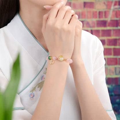 Pulsera de conejito de amor y felicidad con ágata verde y cristal rosa natural del año del conejo