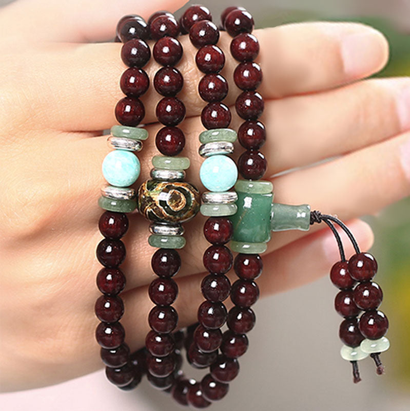 Mythstone 108 Beads Small Leaf Red Sandalwood Green Aventurine Amazonite Luck Healing Bracelet Mala