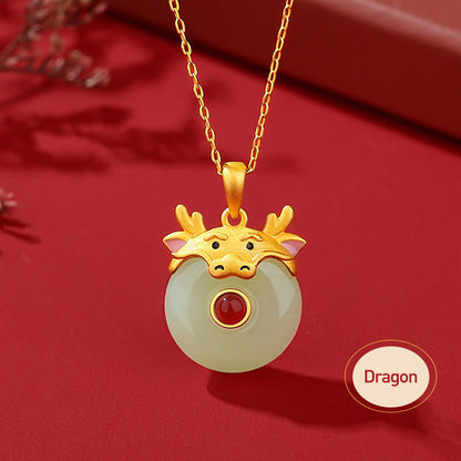 Mythstone 925 Sterling Silver Hetian Jade Chinese Zodiac Year of the Dragon Red Agate Luck Protection Necklace Pendant