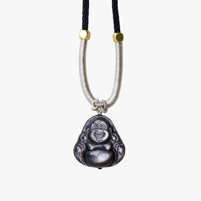 Mythstone Natural Silver Sheen Obsidian Laughing Buddha Protection Necklace Pendant