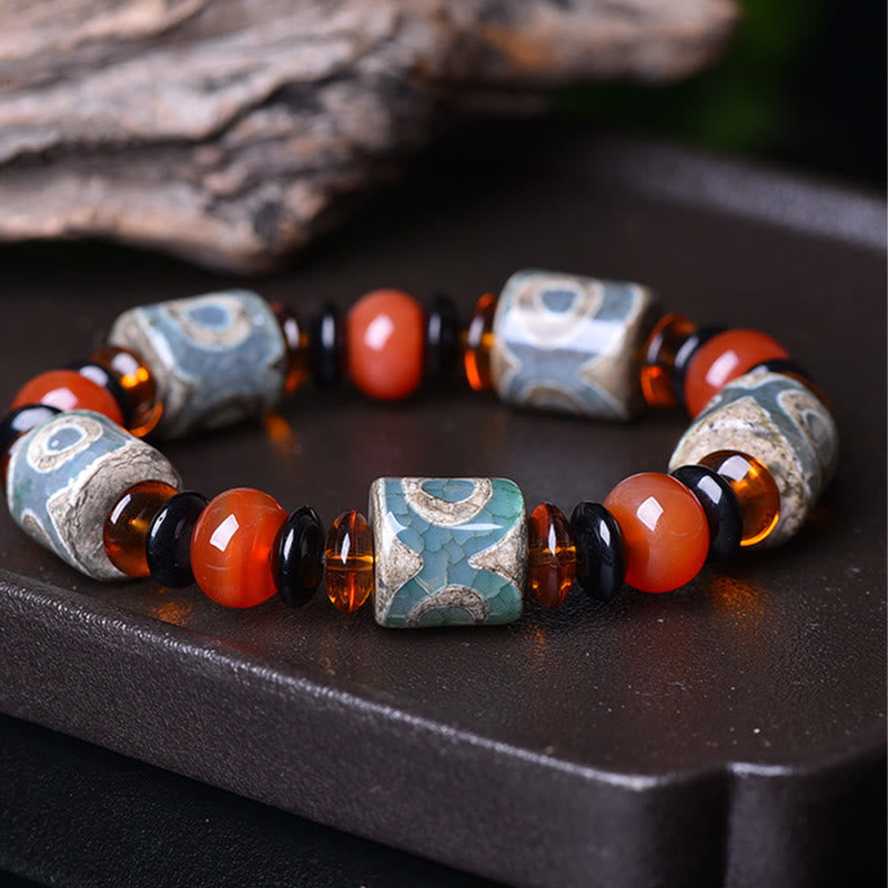 Mythstone Tibetan Three-eyed Dzi Bead Agate Protection Happiness Bracelet