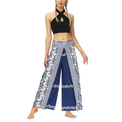 Mythstone Boho Flower Vine Split Thigh Wide Leg Pants Sports Fitness Dance Women's Yoga Pants