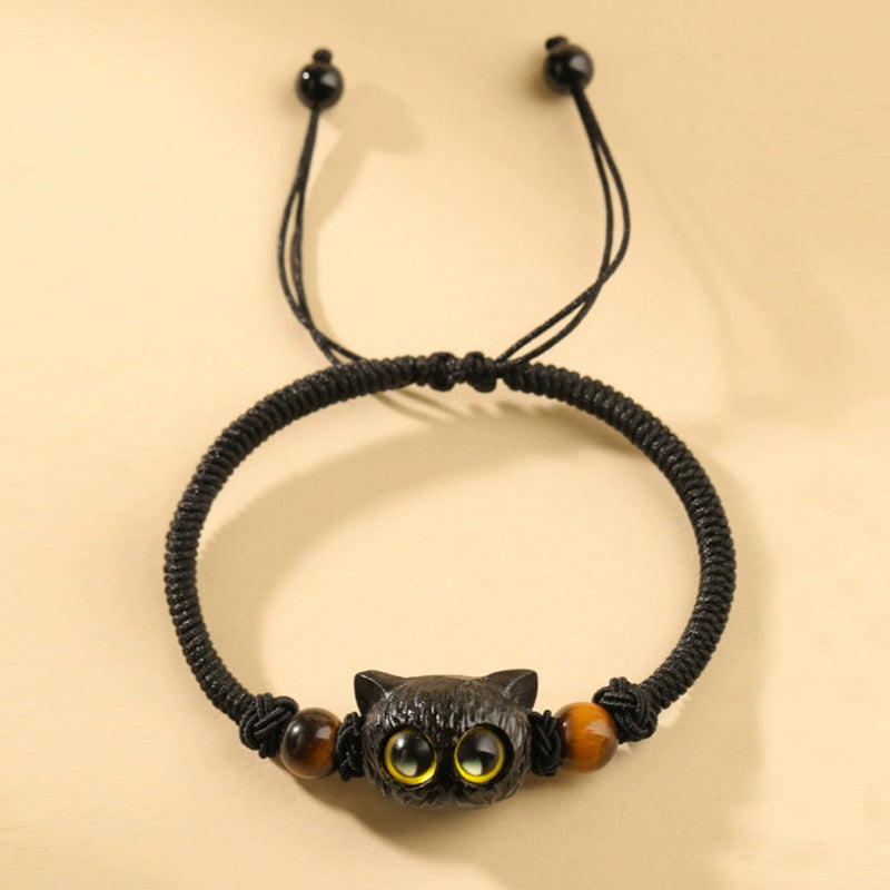 Mythstone Cute Ebony Wood Cat Head Pattern Peace Bracelet