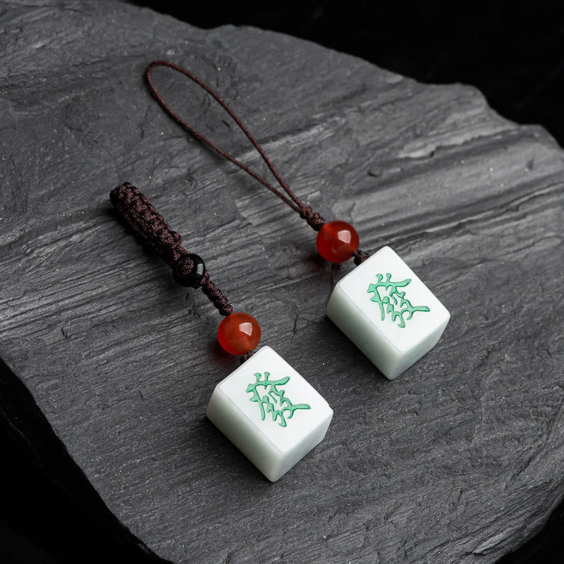 Mythstone Natural Jade Mahjong Fa Character Wealth Prosperity Phone Hanging Key Chain Decoration