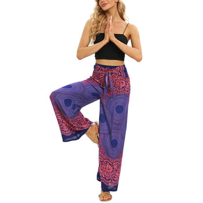 Mythstone Bohemian Compass Flower Print Lace-up Wide Leg Pants Women's Yoga Pants