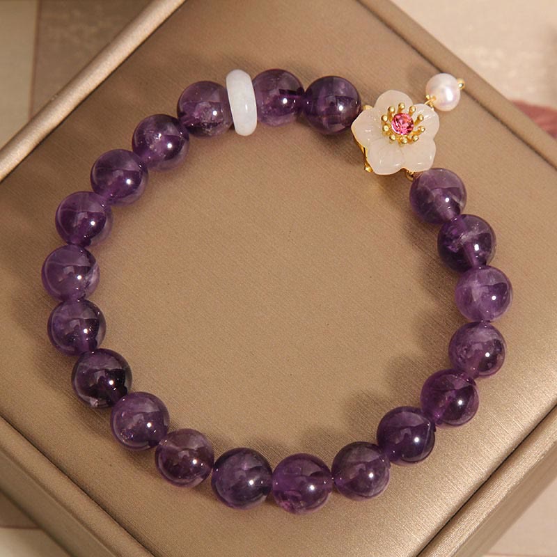 Mythstone Natural Amethyst White Agate Pearl Charm Balance Bracelet