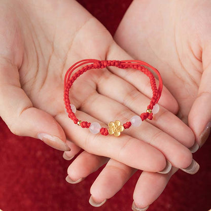 Mythstone Handmade 925 Sterling Silver Peach Blossom Cherry Sakura Chalcedony Bead Luck Red Rope Bracelet