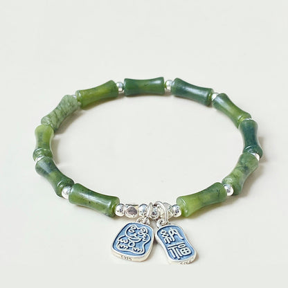 Mythstone 925 Sterling Silver Bamboo Jade Lucky Cat Fu Character Luck Abundance Bracelet