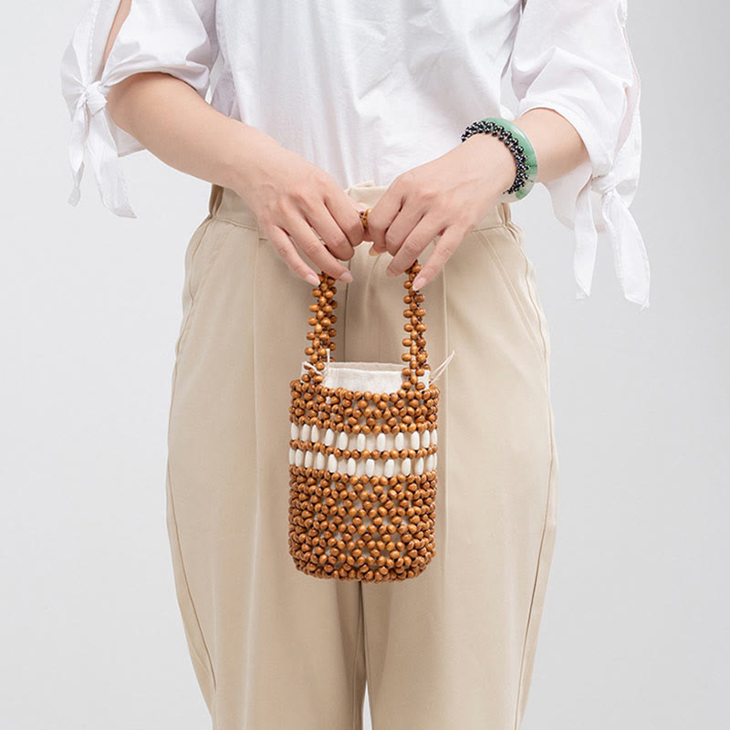 Mythstone Hand-woven Bucket Portable Wooden Beads Handbag