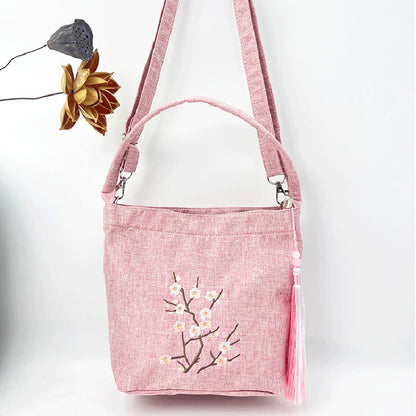 Mythstone Embroidery Wisteria Plum Lotus Cherry Blossom Cotton Linen Canvas Tote Crossbody Bag Shoulder Bag Handbag