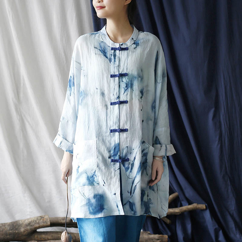 Mythstone Blue White Ink Printing Frog-button Design Long Sleeve Ramie Linen Jacket Shirt With Pockets