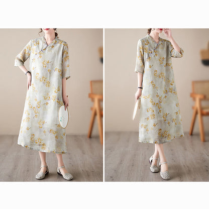 Mythstone Yellow Flowers Print Cheongsam Midi Dress Cotton Linen Half Sleeve Dress With Pockets