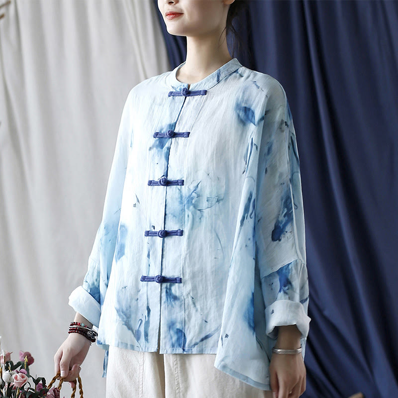 Mythstone Tie Dye Blue Flowers Frog-Button Design Long Sleeve Ramie Linen Jacket Shirt