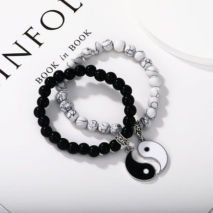 Pulsera de pareja con protección Yin Yang y cuentas de turquesa blanca y ónix negro de MythStone, 2 piezas 