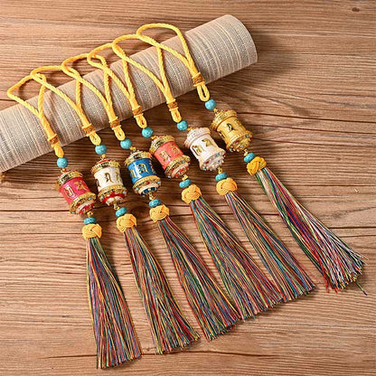 Mythstone Tibet Om Mani Padme Hum Prayer Wheel Colorful Tassels Bag Car Hanging Decoration