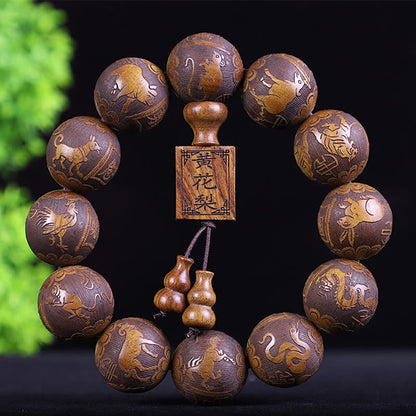 Mythstone Chinese Zodiac Rosewood Ebony Boxwood Copper Coin PiXiu Carved Warmth Bracelet