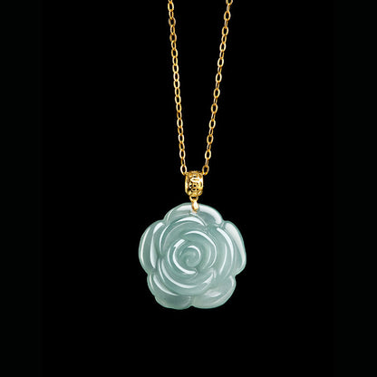 Mythstone 18K Gold 925 Sterling Silver Natural Jade Rose Luck Necklace Pendant