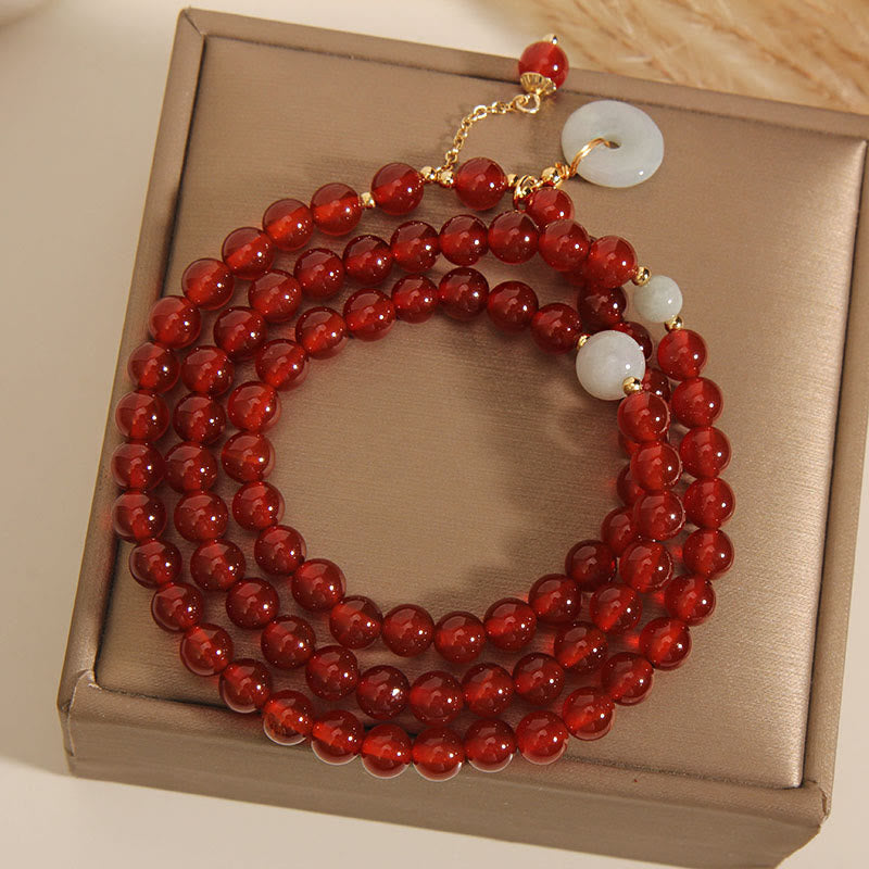 MythStone Natural Red Agate Jade Peace Buckle Calm Triple Wrap Bracelet