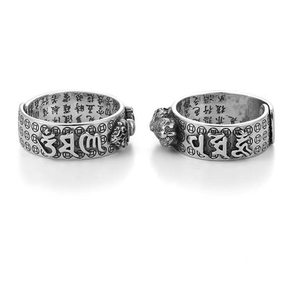 Mythstone Tibetan 990 Sterling Silver Om Mani Padme Hum PiXiu Dorje Vajra Heart Sutra Engraved Wealth Ring