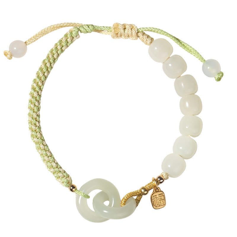 Pulsera trenzada con doble hebilla de paz y carácter Fu con cuentas de jade hetiano natural Mythstone