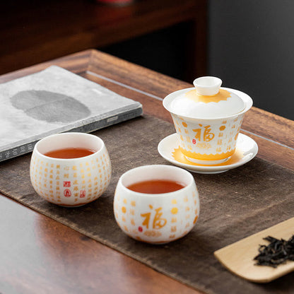 Mythstone Buddhist Heart Sutra Small Fu Character Ceramic Gaiwan Teacup Kung Fu Tea Cup And Saucer With Lid