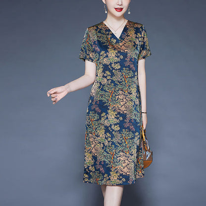 Mythstone V-Neck Tree Leaves Short Sleeve Midi Dress With Pockets