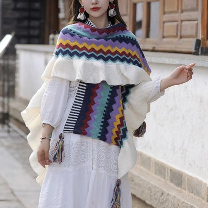 Mythstone Tibetan Shawl Colorful Striped Wavy Line Tassels Winter Cozy Travel Scarf Wrap