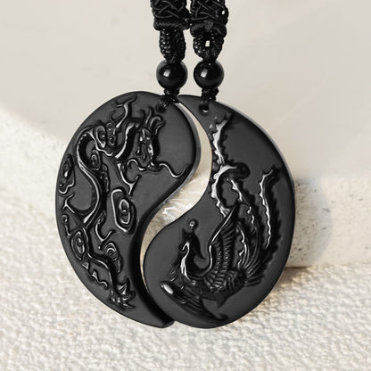 Mythstone Black Obsidian Yin Yang Dragon Phoenix Luck Necklace Pendant