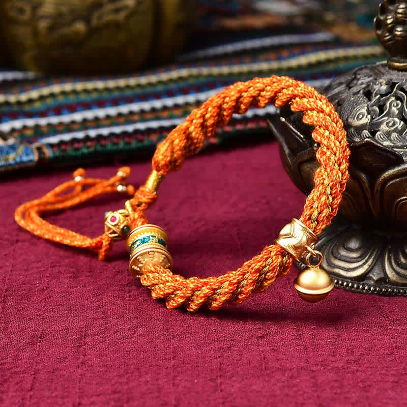 Mythstone Tibetan Handmade Luck Protection Thangka Prayer Wheel Bell Charm Braid String Bracelet