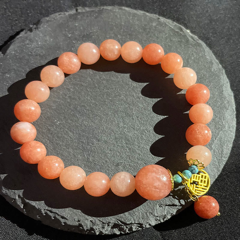 Mythstone Natural Orange Stone Turquoise Fu Character Charm Luck Fortune Bracelet