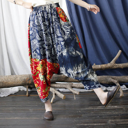 Mythstone Blue Red Peony Flowers Patchwork Cotton Linen Harem Pants With Pockets