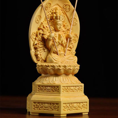 Mythstone Handmade Thousand-armed Avalokitesvara Kwan Yin Bodhisattva Statue Boxwood Abundance Home Decoration