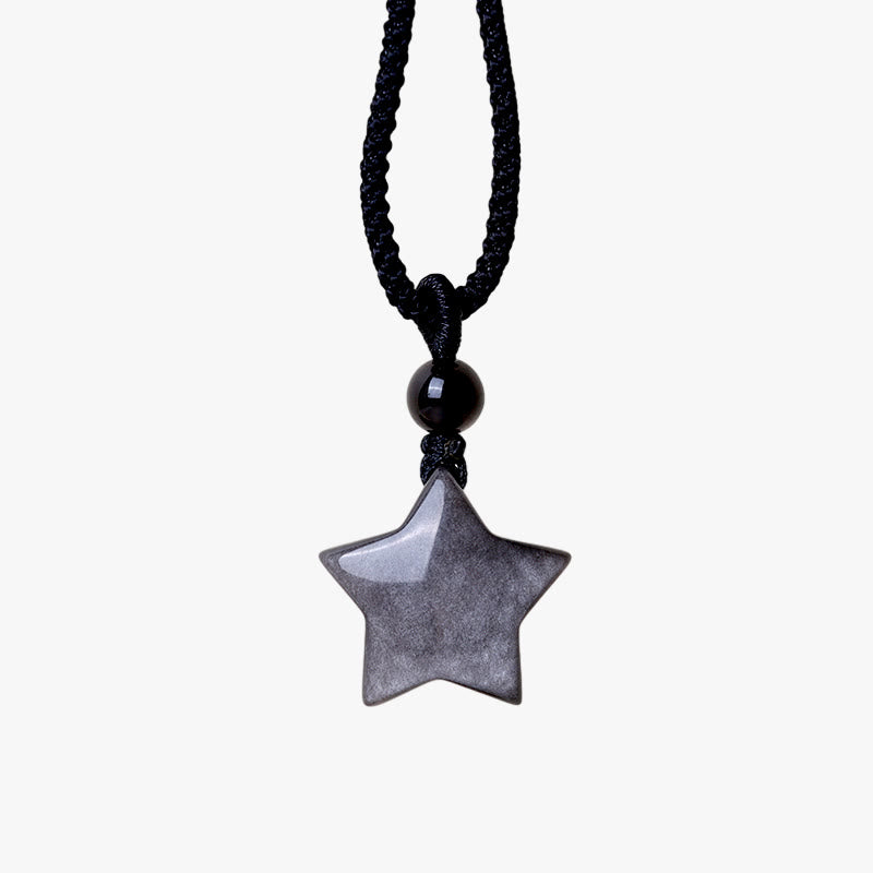 Collar con colgante de protección de luna creciente y estrella de obsidiana con brillo plateado natural Mythstone