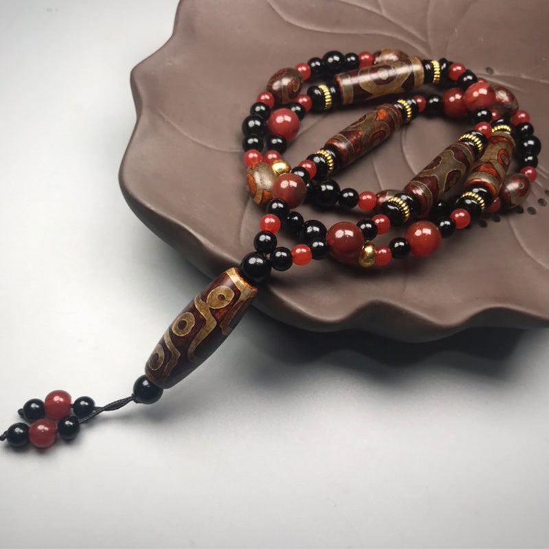 Mythstone Nine-Eye Dzi Bead Red Agate Wealth Health Necklace