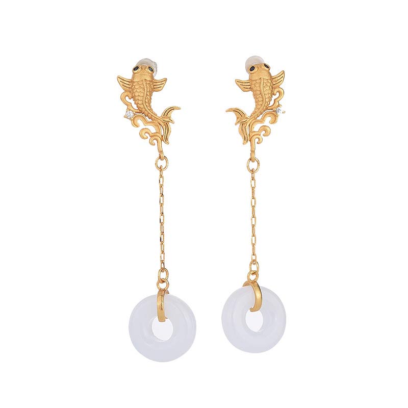 Mythstone FengShui Koi White Jade Fortune Earrings