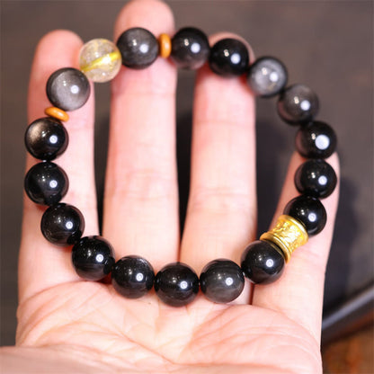 Pulsera protectora con cuentas de obsidiana de plata natural y brillo Om Mani Padme Hum de Mythstone