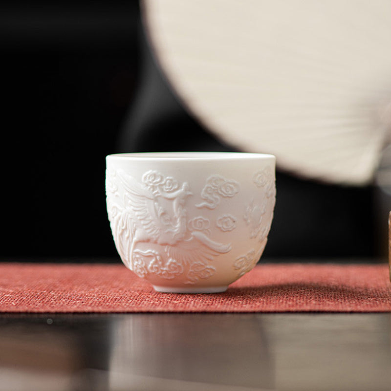 Mythstone Dragon Phoenix Relief White Porcelain Ceramic Teacup Kung Fu Tea Cup 115ml