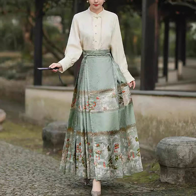 Falda con estampado de cara de caballo y jardín de melocotón verde Hanfu chino Mythstone Mamianqun