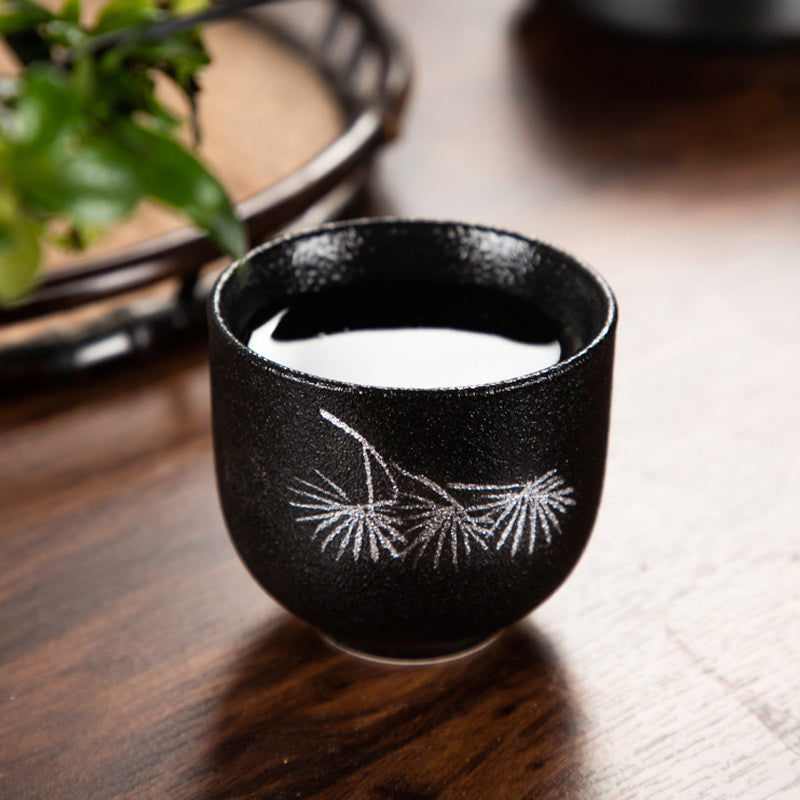 Mythstone Hand Painted Lotus Flower Bamboo Chrysanthemum Black Pottery Ceramic Teacup Kung Fu Tea Cup 95ml