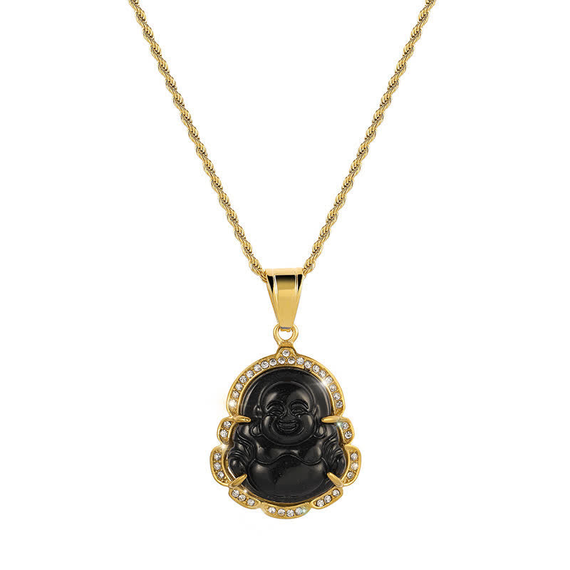 Mythstone 18K Gold Filled Laughing Buddha Jade Luck Necklace Chain Pendant