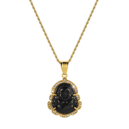 Mythstone 18K Gold Filled Laughing Buddha Jade Luck Necklace Chain Pendant