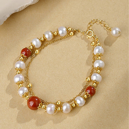 Mythstone 925 Sterling Silver Pearl Cinnabar Wisdom Bead Double Layer Chain Bracelet