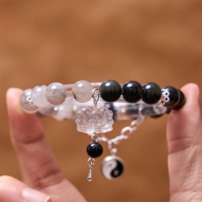 Mythstone Silver Sheen Obsidian Crackle Clear Quartz Black Rutilated Quartz Yin Yang Lotus Protection Bracelet