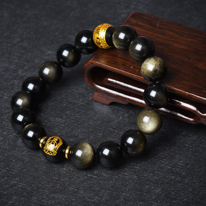 Mythstone Chinese Zodiac Natal Buddha Gold Sheen Obsidian Wealth Protection Bracelet