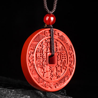 Mythstone Natural Cinnabar Mountain Ghosts Spend Money Bagua Design Blessing Necklace Pendant